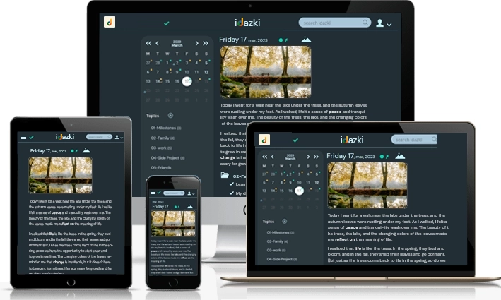 Screenshot in dark mode of the idazki online diary and personal planner displaying the same content adapted for optimal viewing on various devices, including desktops, laptops, tablets, and smartphones.