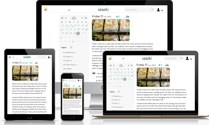 Screenshot in light mode of the idazki online diary and personal planner displaying the same content adapted for optimal viewing on various devices, including desktops, laptops, tablets, and smartphones.